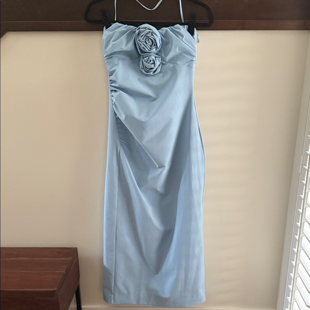 Zara Light Blue Strapless Dress with Floral Detail